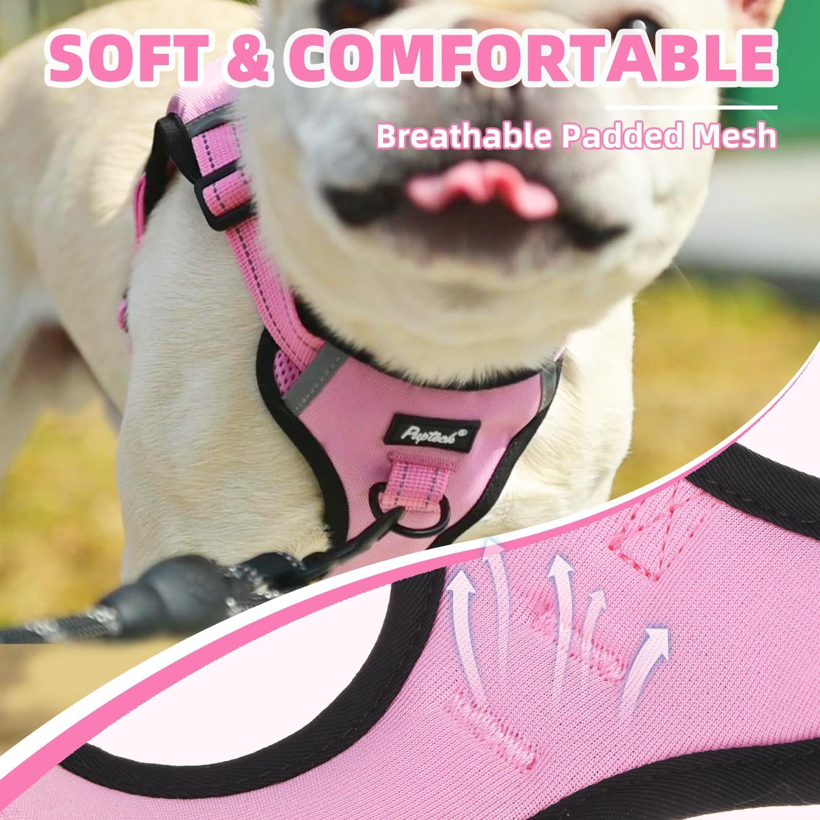 PUPTECK no pull harness pink M fully adjustable straps for proper fit.