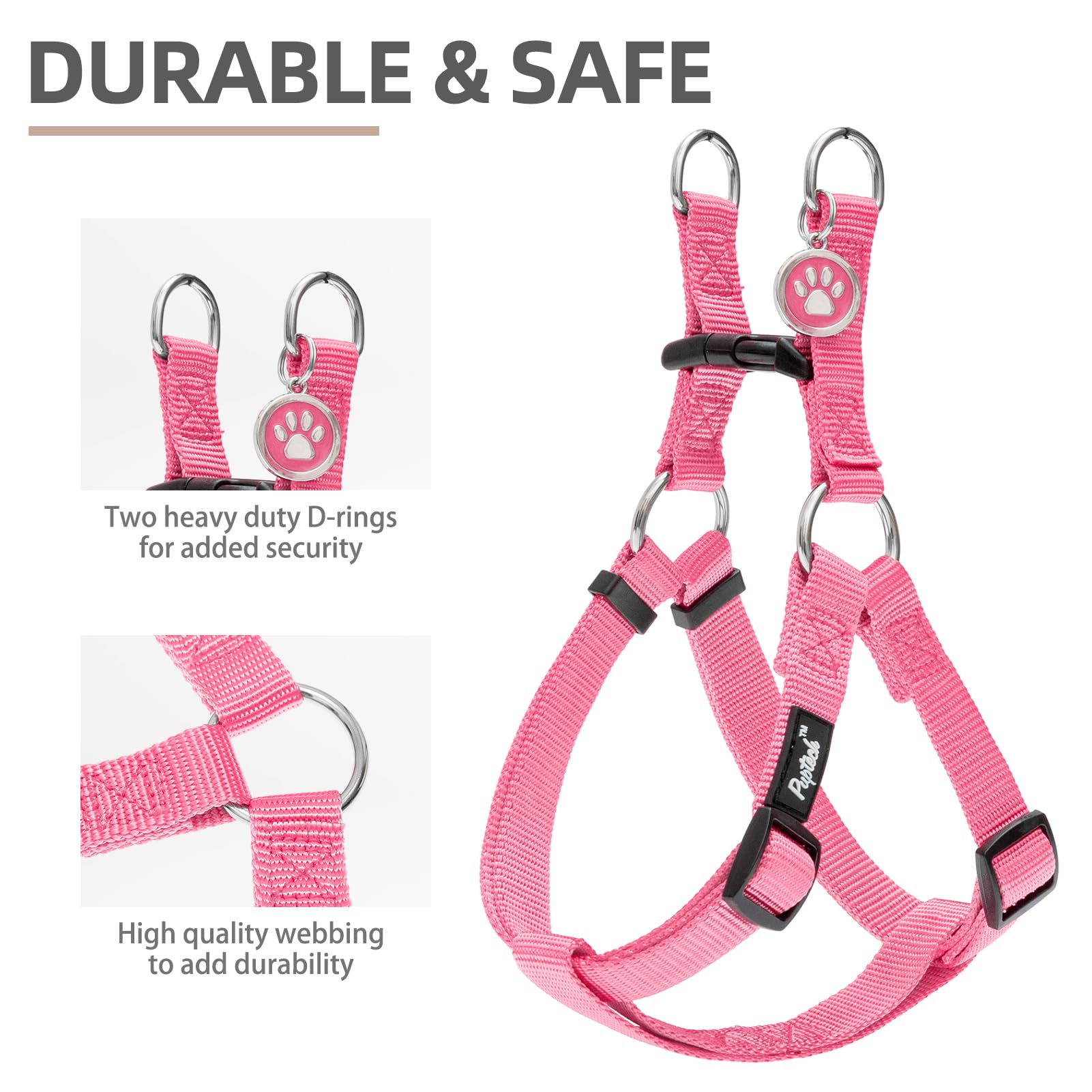 PUPTECK No Pull Harness side view highlighting adjustable straps for a secure fit.