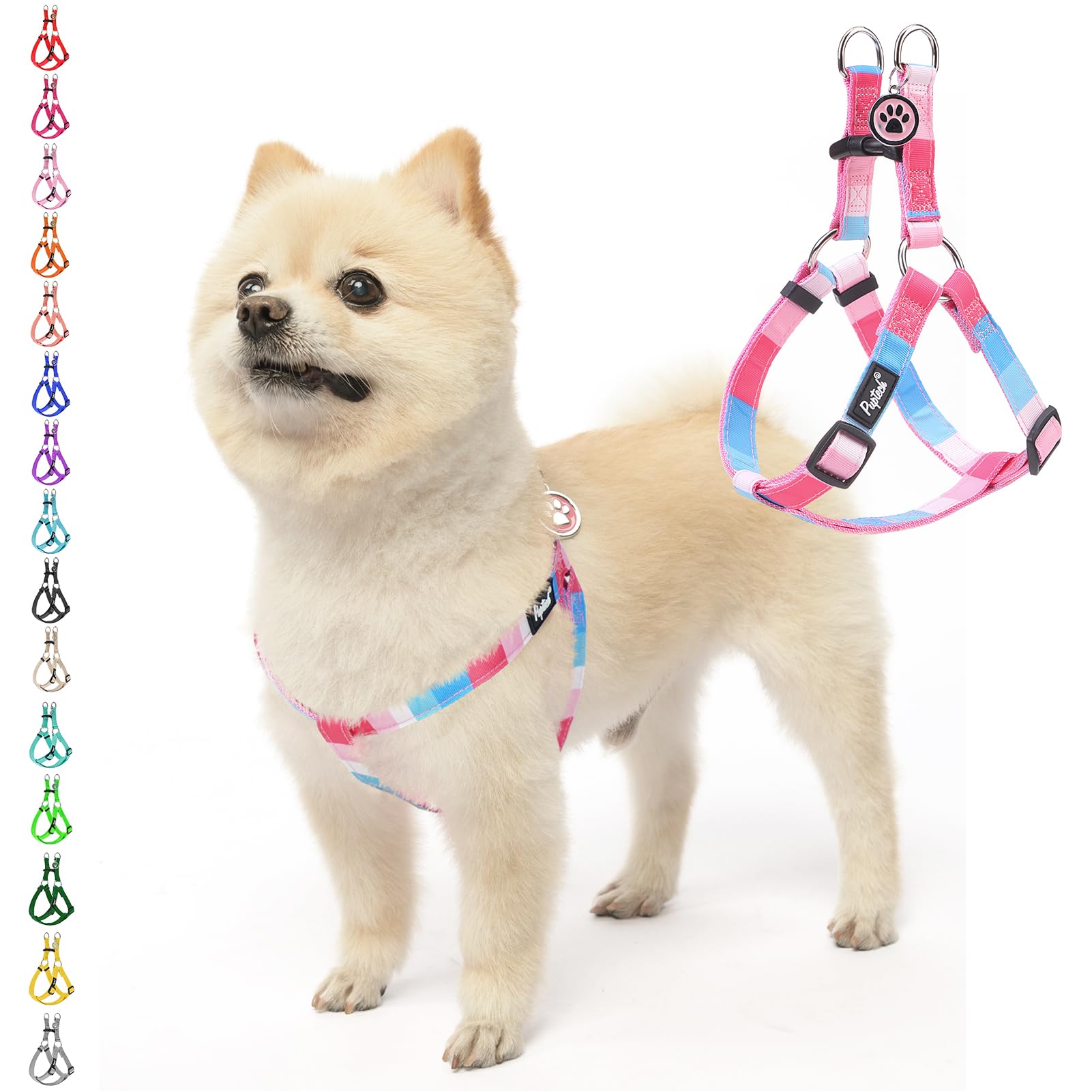 PUPTECK No Pull harness striped pink front view showing chest-wrap design for comfortable control.