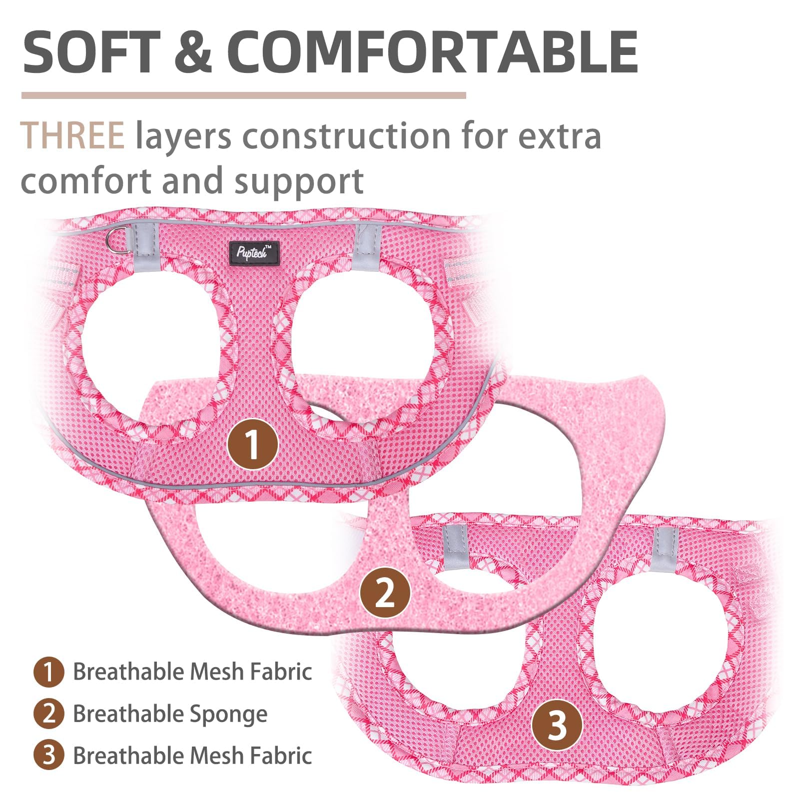 PUPTECK pink triple-security harness with buckle and D-rings