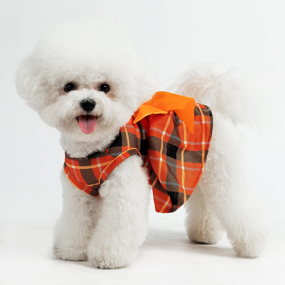 PUPTECK plaid fall dog dress with bowtie on pet shows easy on/off design.