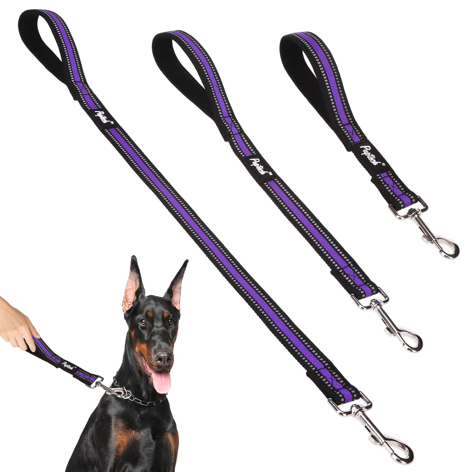 PUPTECK reflective short leash 3-pack in purple for versatile daily walks.