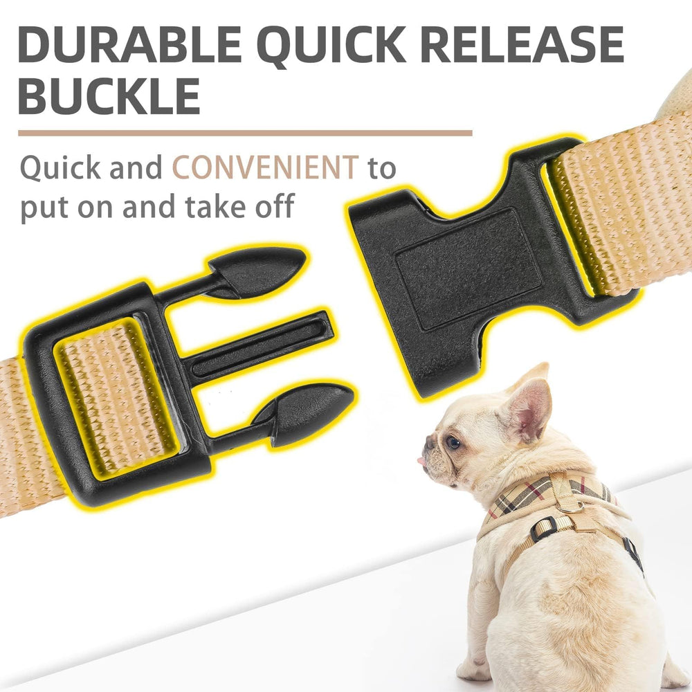 PUPTECK beige quick-release buckle on harness enables quick on/off