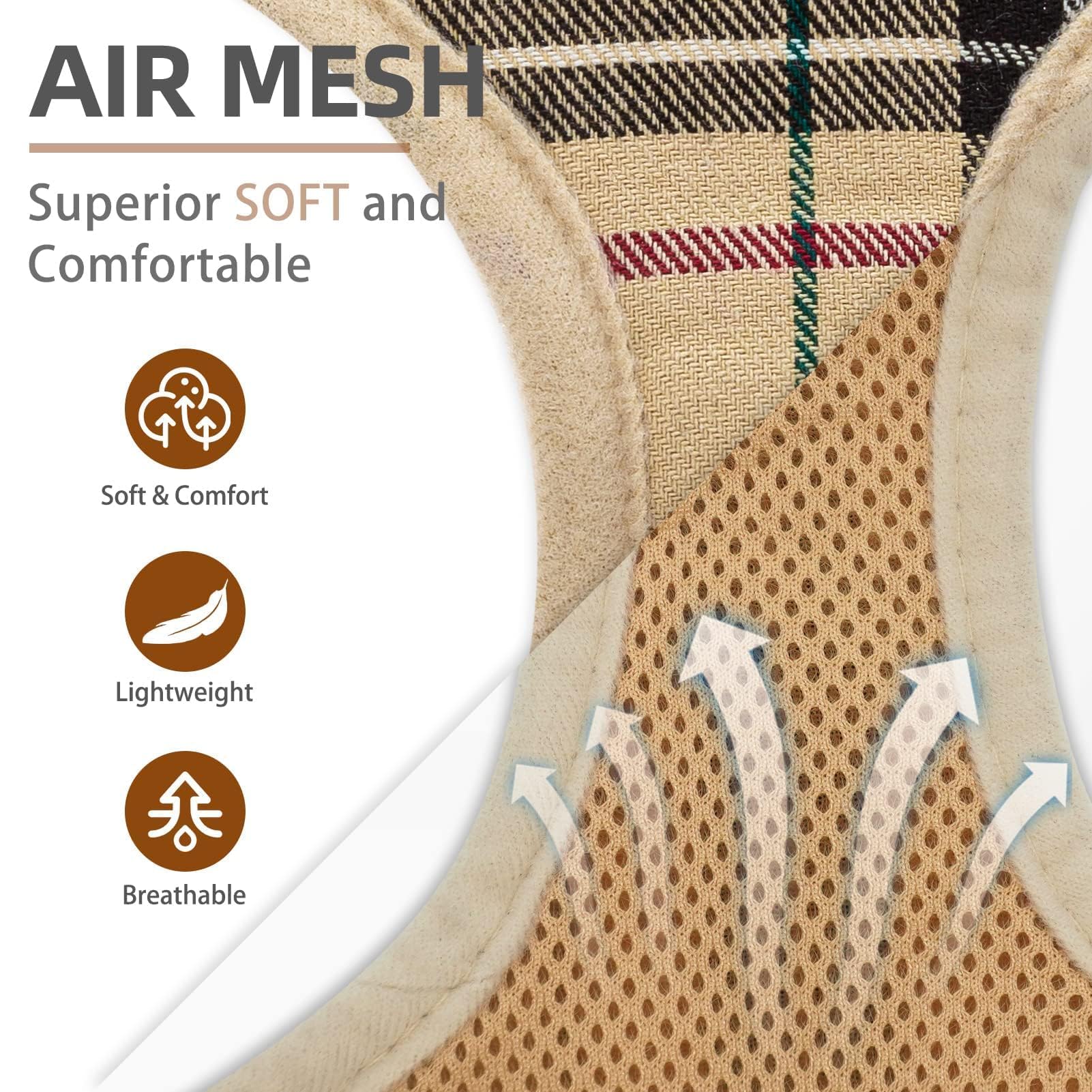 PUPTECK beige harness side view showing breathable air-mesh for cool wear