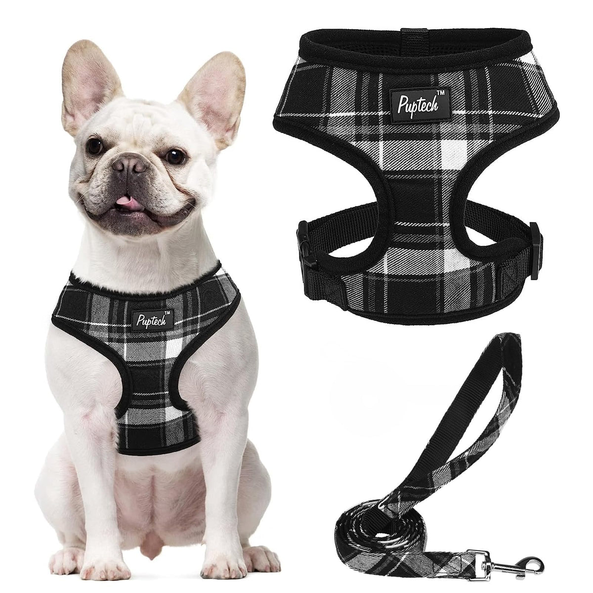 PUPTECK soft mesh harness black front view demonstrates a comfortable no-pull design for daily walks.