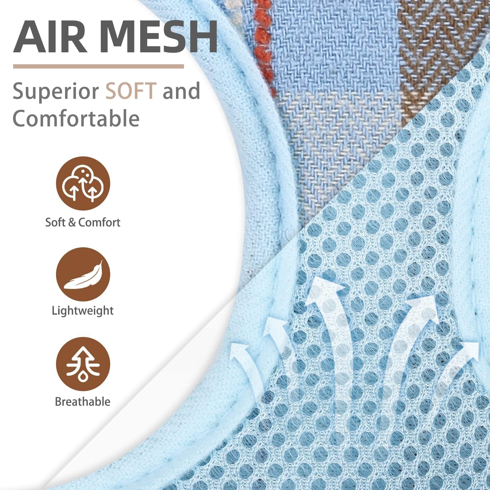 PUPTECK soft mesh harness blue-brown close-up edge shows soft comfort.