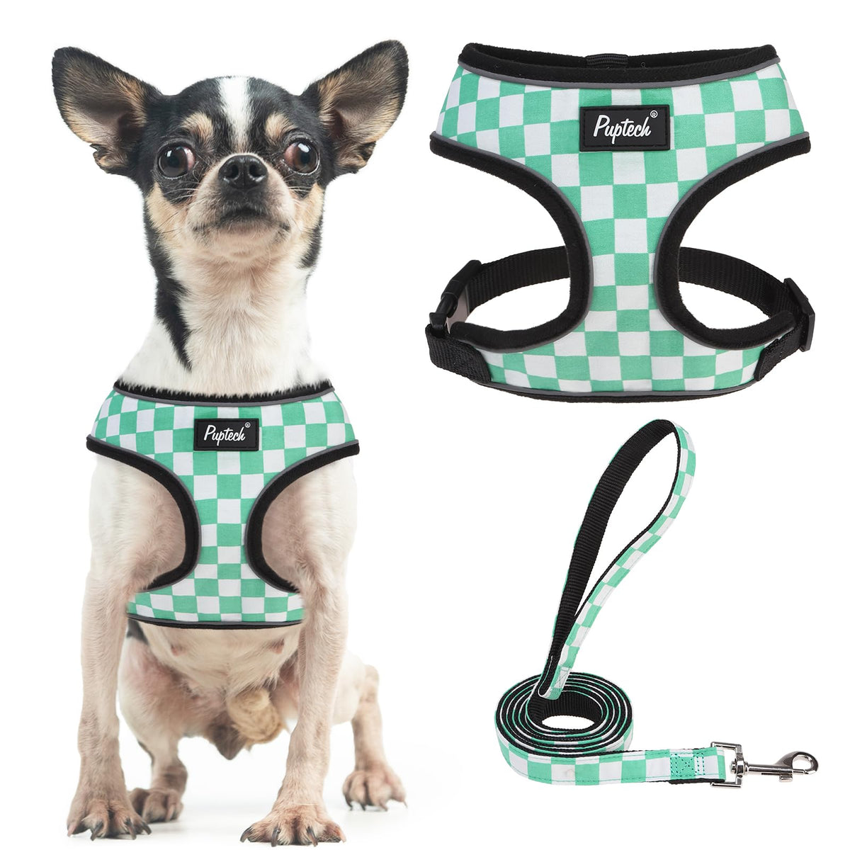 PUPTECK soft mesh harness green checkered front view for comfortable daily walks.