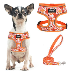Pupteck soft mesh harness in orange leaf front view for comfortable daily walks.