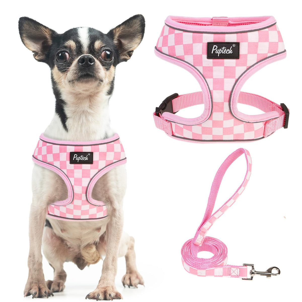 PUPTECK soft mesh harness pink checkered design provides daily walk comfort