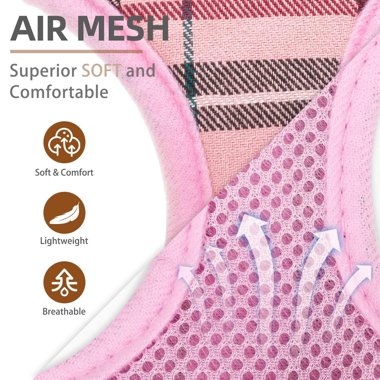 PUPTECK soft mesh harness pink side view highlights breathable air-mesh and no-pull design