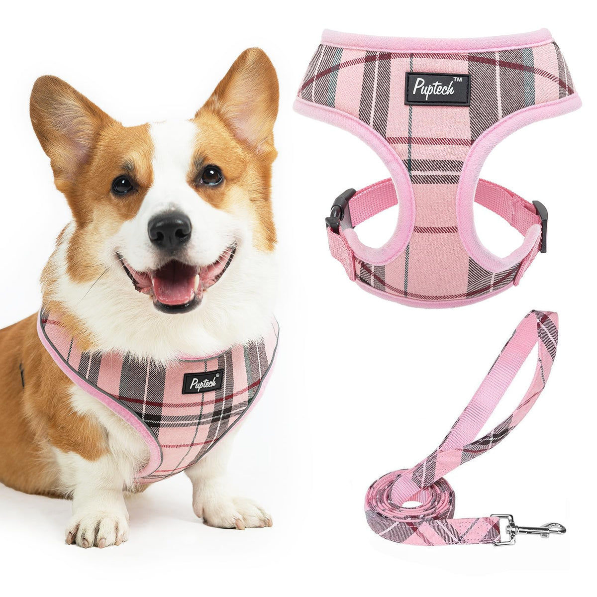 PUPTECK soft mesh harness with plaid pattern for stylish daily walks.