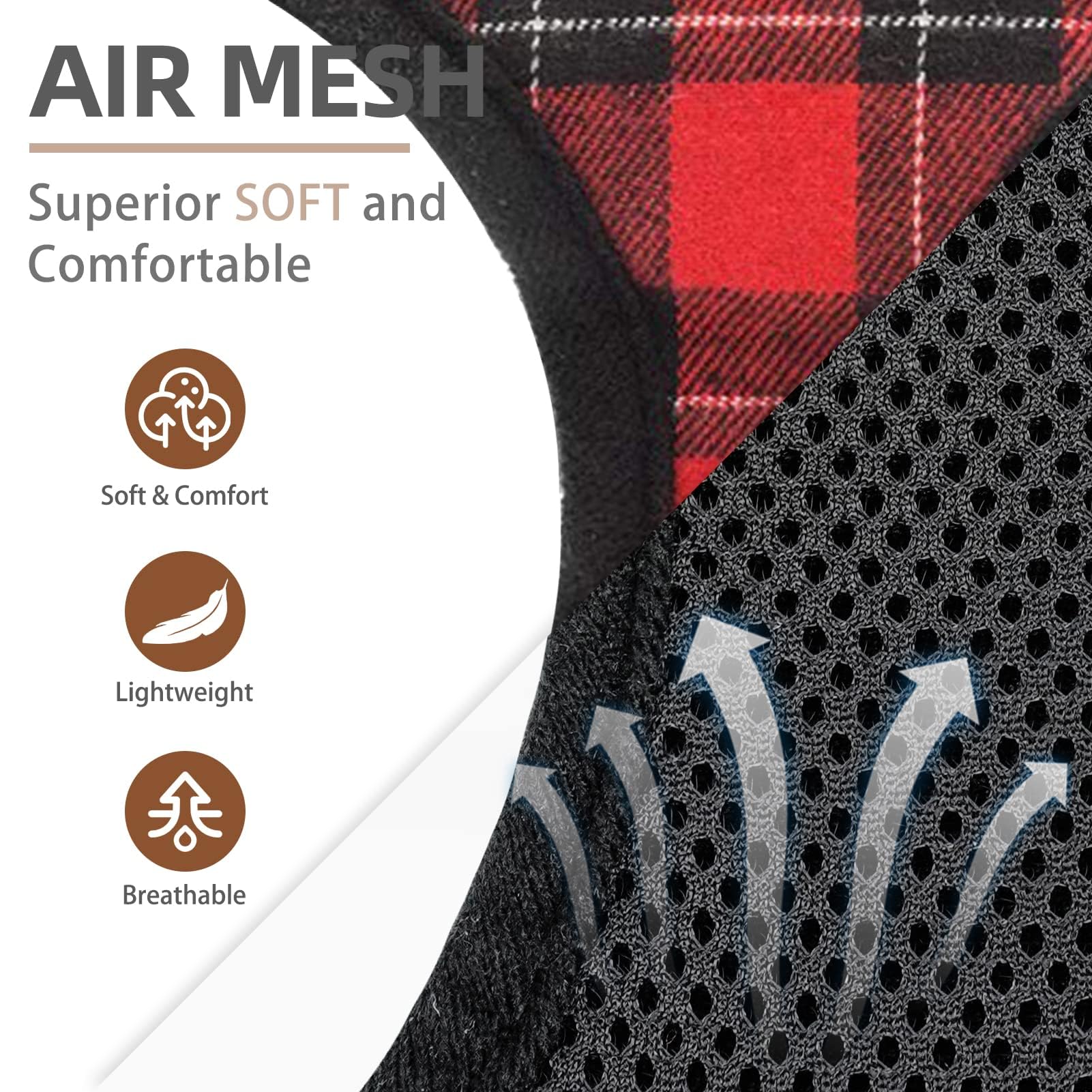 PUPTECK soft mesh harness red-black side view with plaid pattern for style