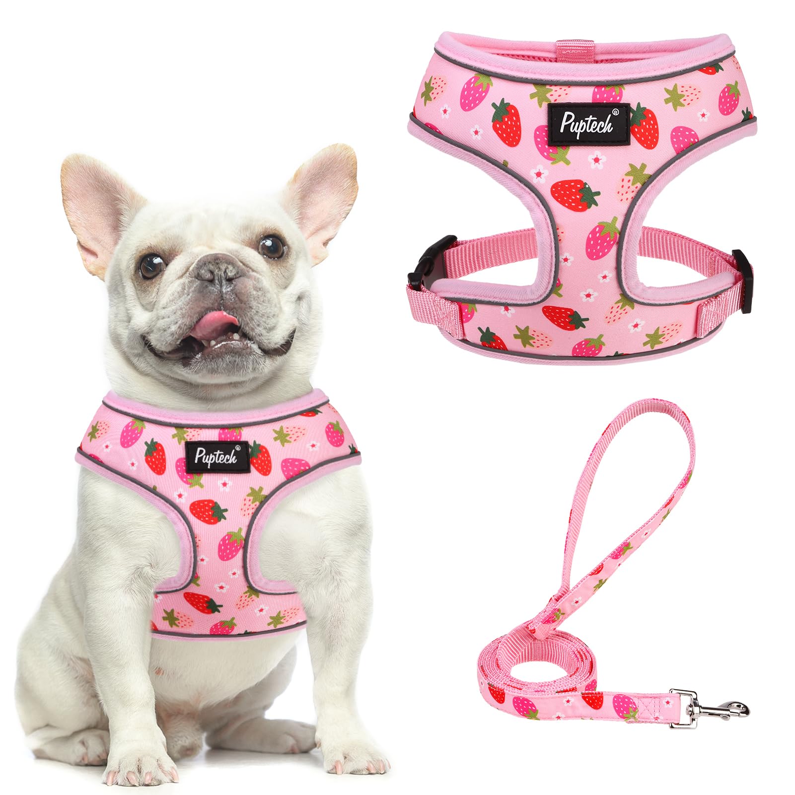 PUPTECK soft mesh harness strawberry-pink front view for lightweight daily comfort.