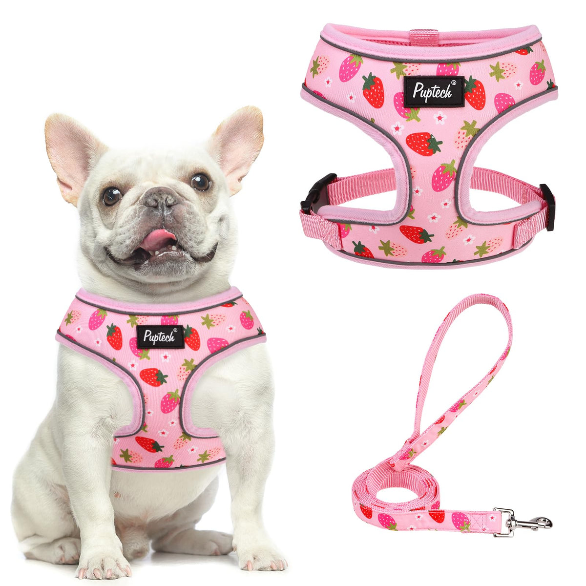 PUPTECK soft mesh harness strawberry-pink front view for lightweight daily comfort.