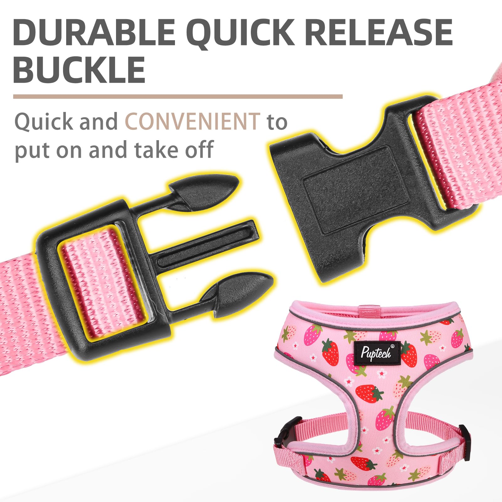 PUPTECK strawberry-pink harness neck-area view shows quick on off convenience.