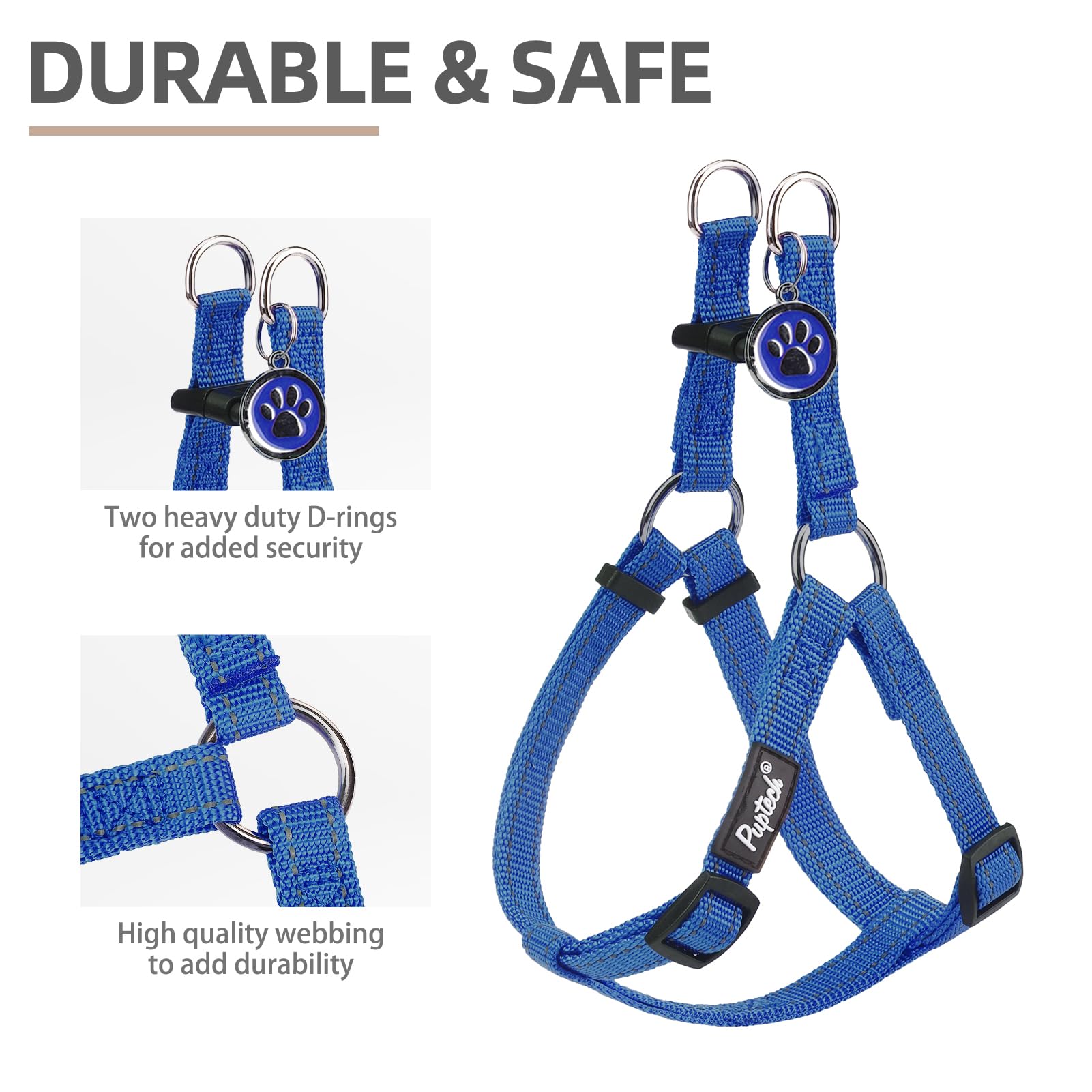 PUPTECK step-in harness front view shows easy on/off.
