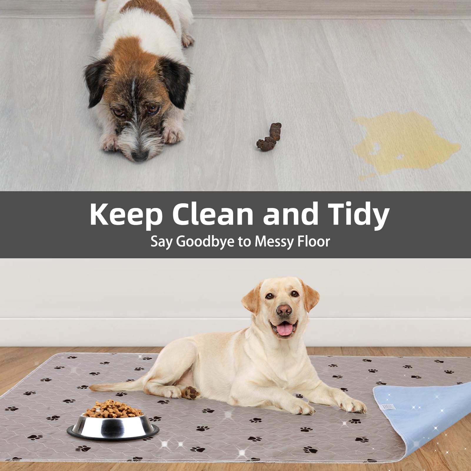 PUPTECK Washable Pee Pad 72x72 feeding mat use shows dual-use with bowls.