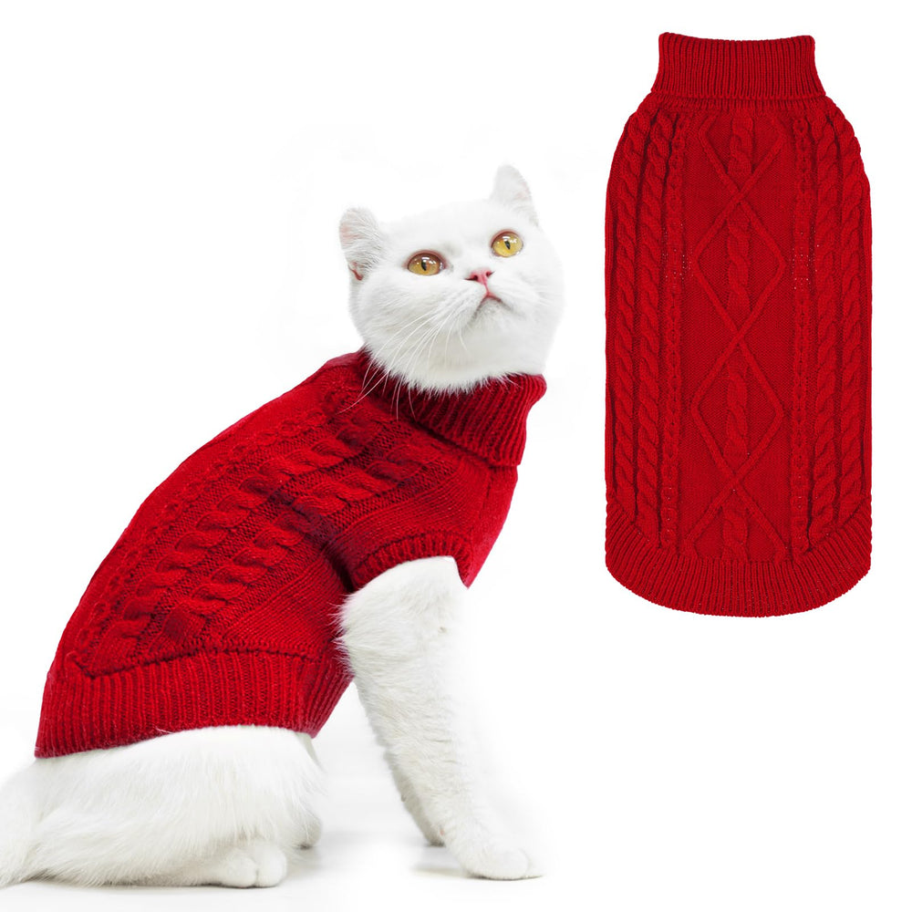 PUPTECK winter cat sweater collar-on red keeps small pets warm and comfortable.