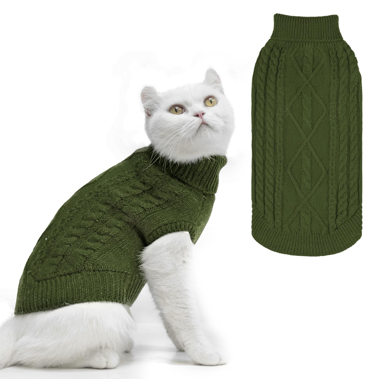 PUPTECK Winter Cat Sweater front view in dark green, cozy warmth for indoor adventures.