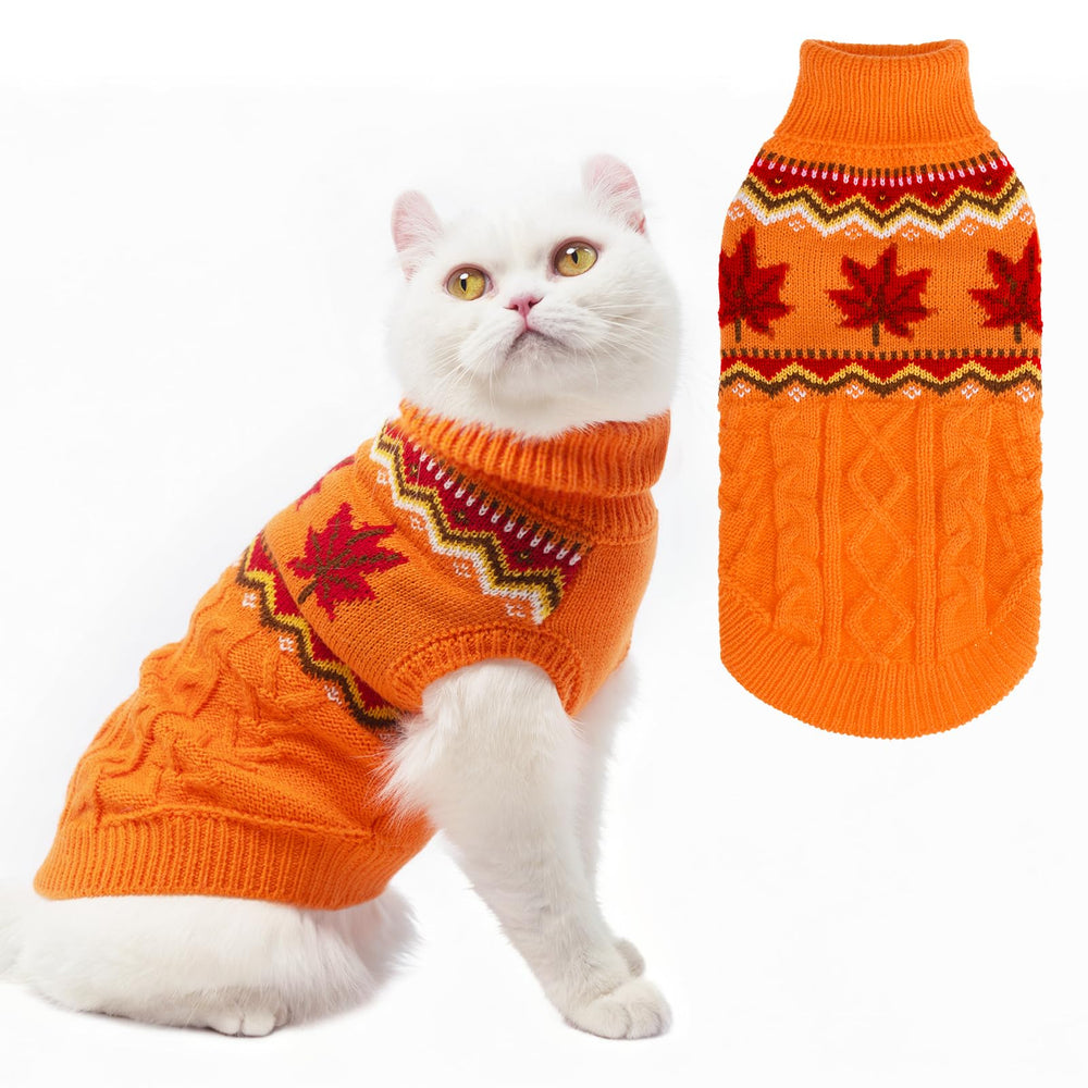PUPTECK winter cat sweater Maple Leaf Orange front view shows cozy warmth for outings