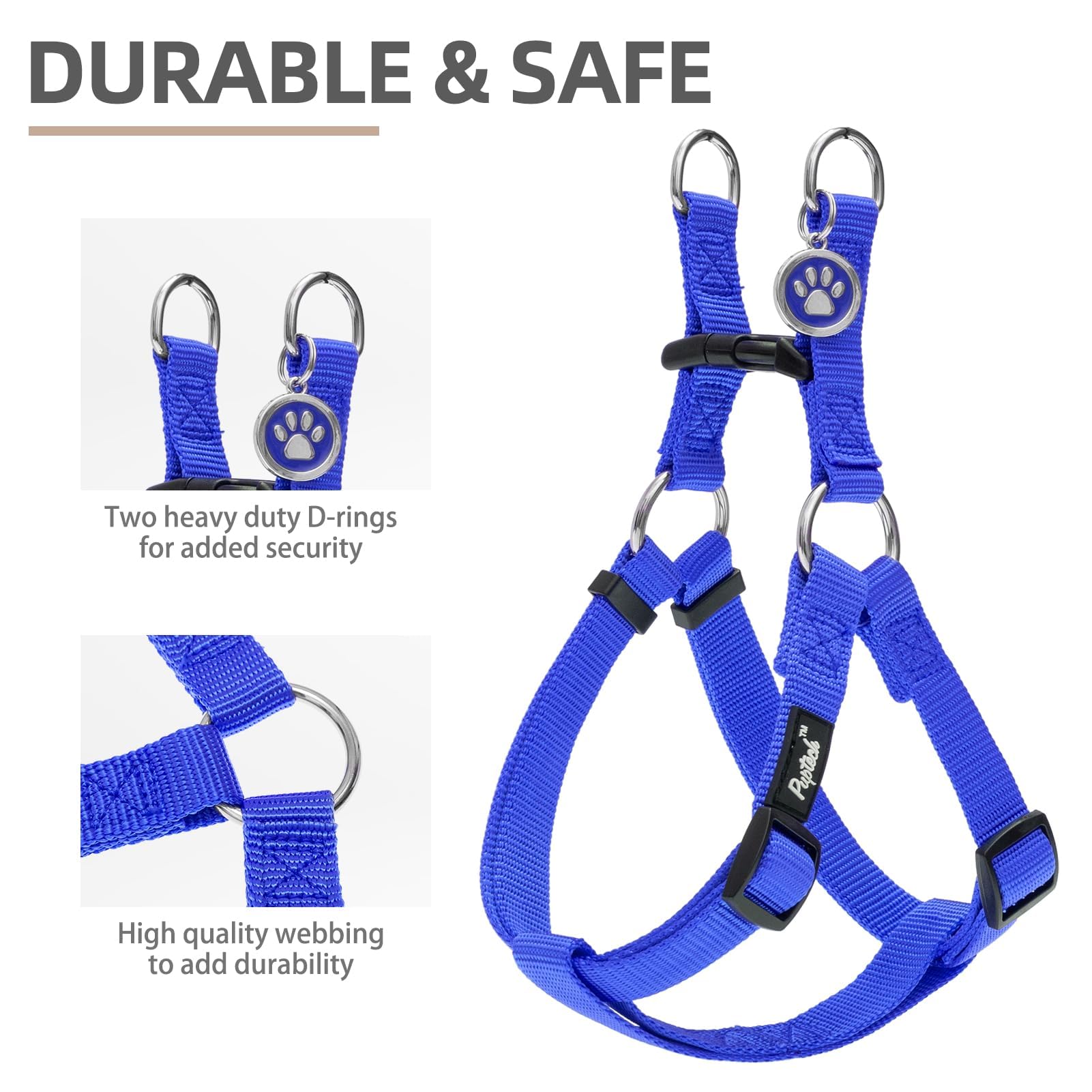 PUPTECK Step-in harness closeup highlights easy on/off buckle.