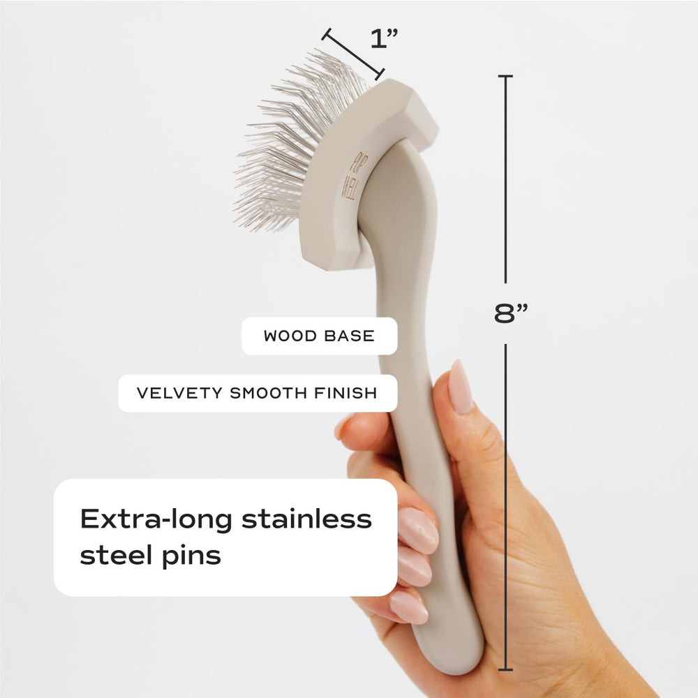 Pupwell Slicker Brush wood handle with velvety finish for comfortable grooming sessions.