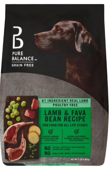 Pure Balance lamb-fava-bean dry dog food bag highlights grain-free recipe for digestion-friendly meals.