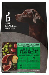 Pure Balance lamb-fava-bean dry dog food bag highlights grain-free recipe for digestion-friendly meals.