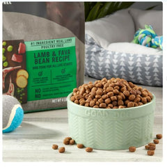Pure Balance lamb-fava-bean dry dog food kibble closeup emphasizes real lamb as first ingredient.