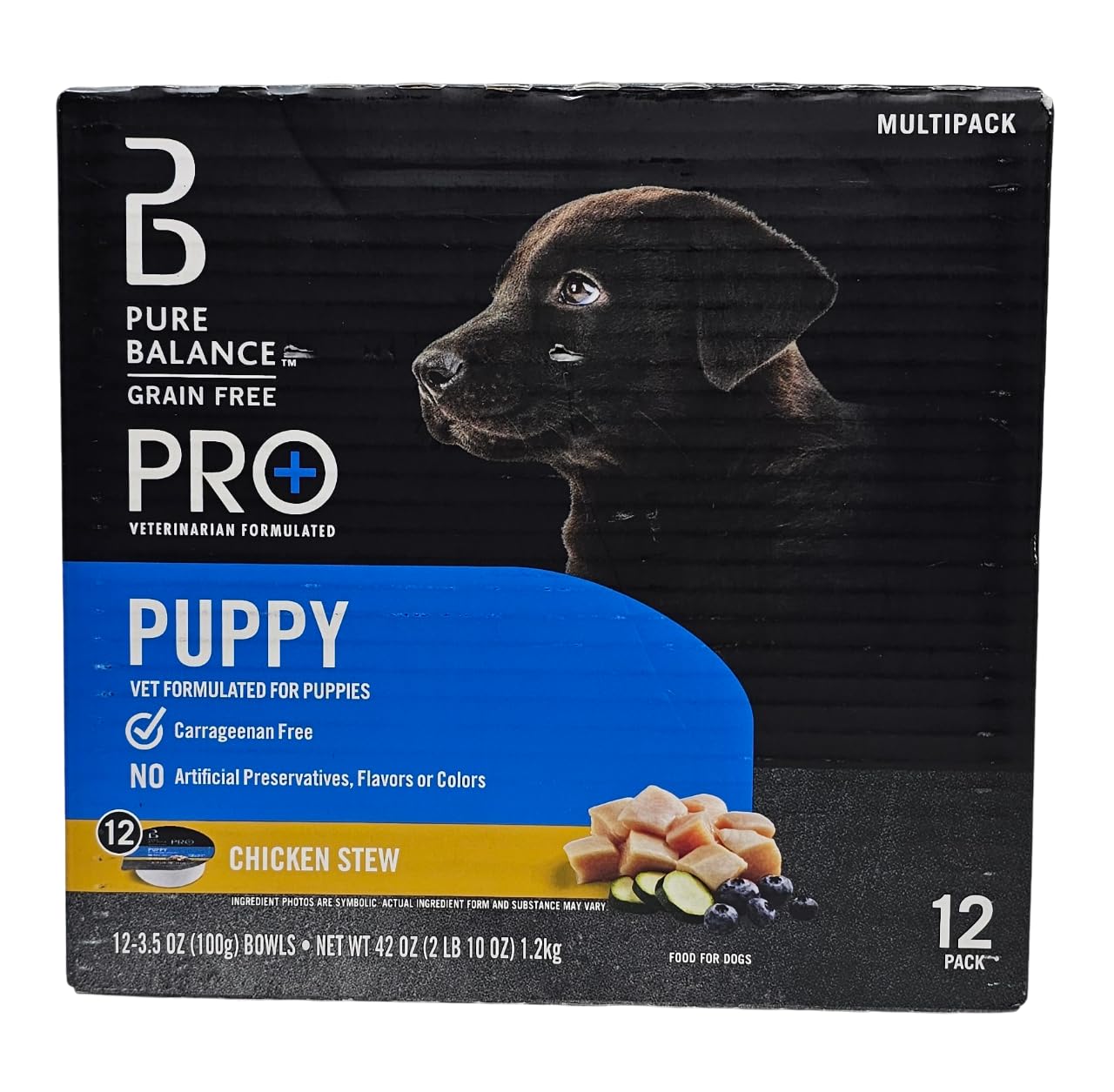 Pure Balance Pro+ Puppy Chicken Stew box and containers ready for multi-pet households.