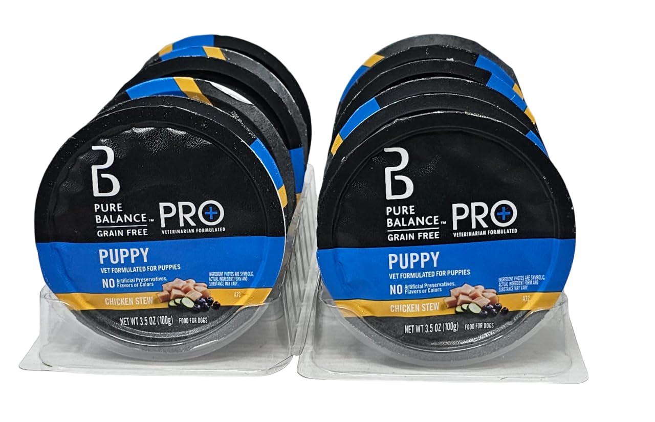 Pure Balance Pro+ Puppy Chicken Stew serving bowl shows convenient single-serving portions.