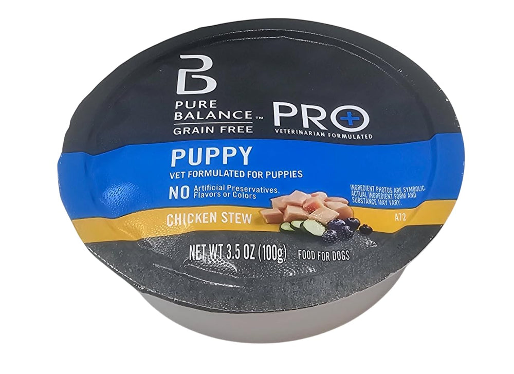 Pure Balance Pro+ Puppy Chicken Stew serving-pour closeup demonstrates convenient serving and texture.