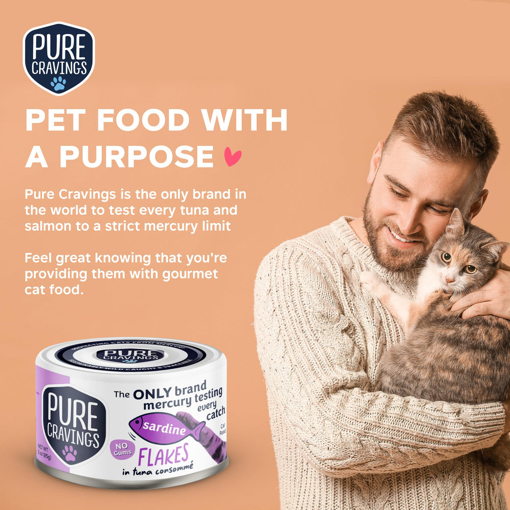 Pure Cravings Sardine Flakes in Tuna Consommé no gums or grains label for simple nutrition.