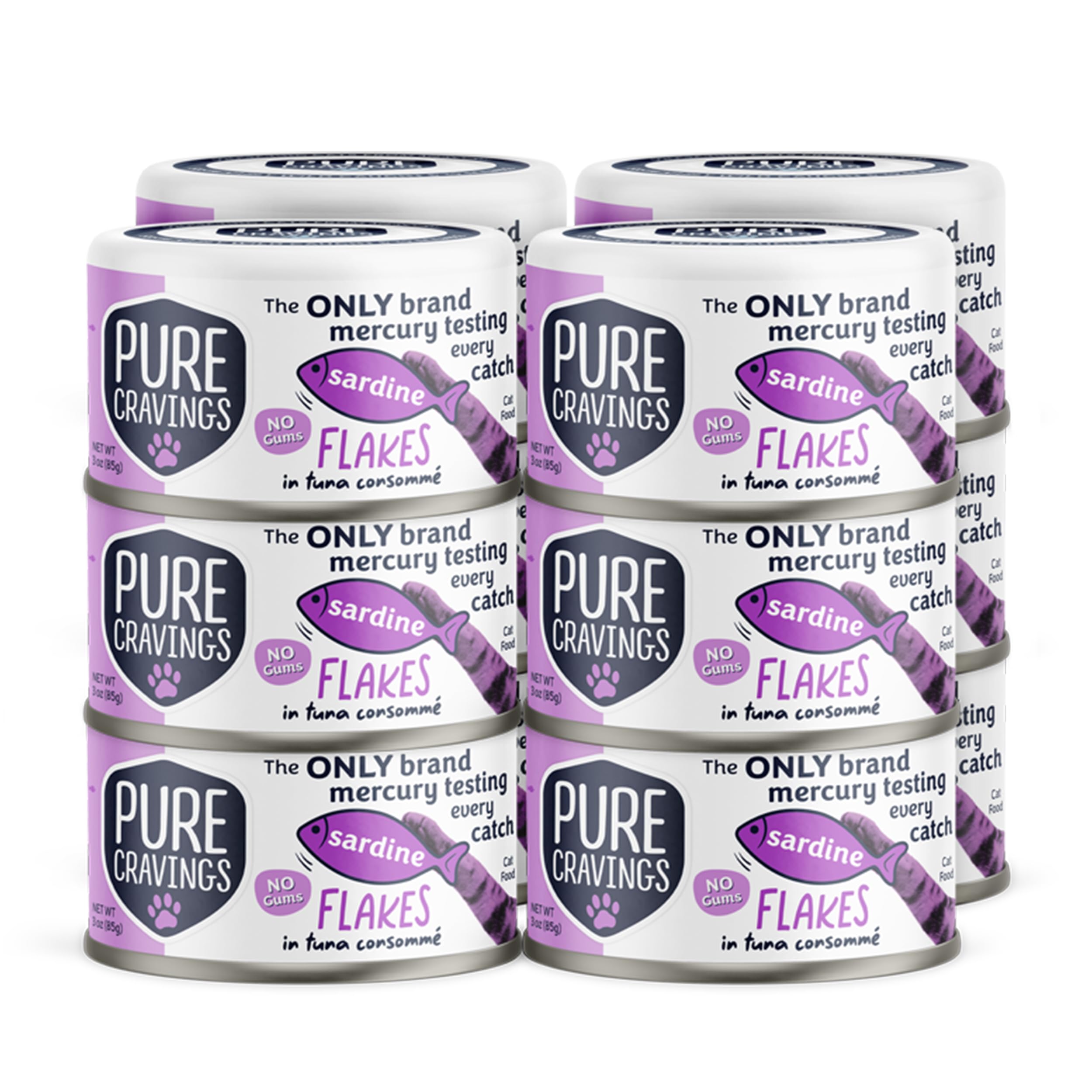 Pure Cravings Sardine Flakes in Tuna Consommé pack shot demonstrates premium wet cat food for picky eaters.