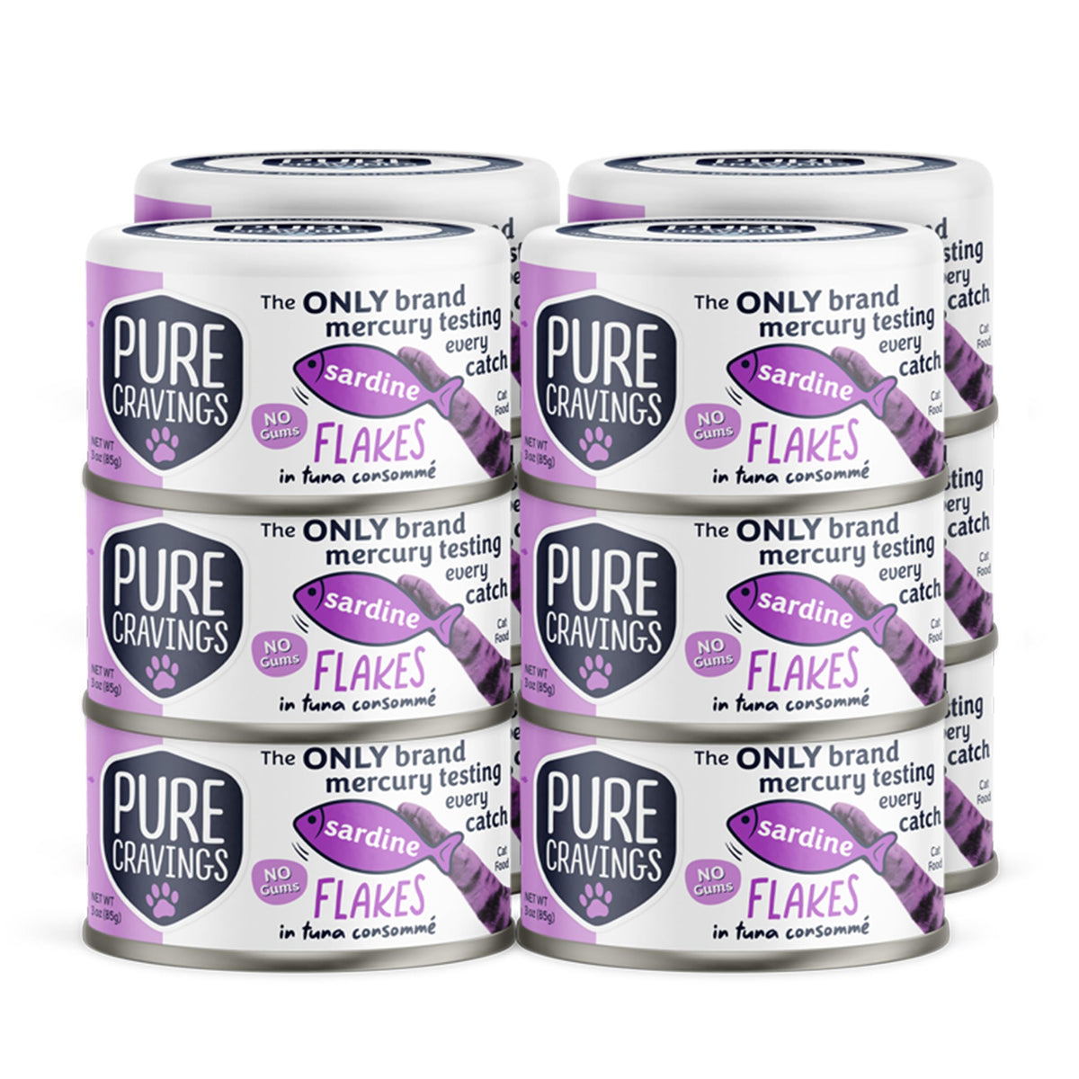 Pure Cravings Sardine Flakes in Tuna Consommé pack shot demonstrates premium wet cat food for picky eaters.