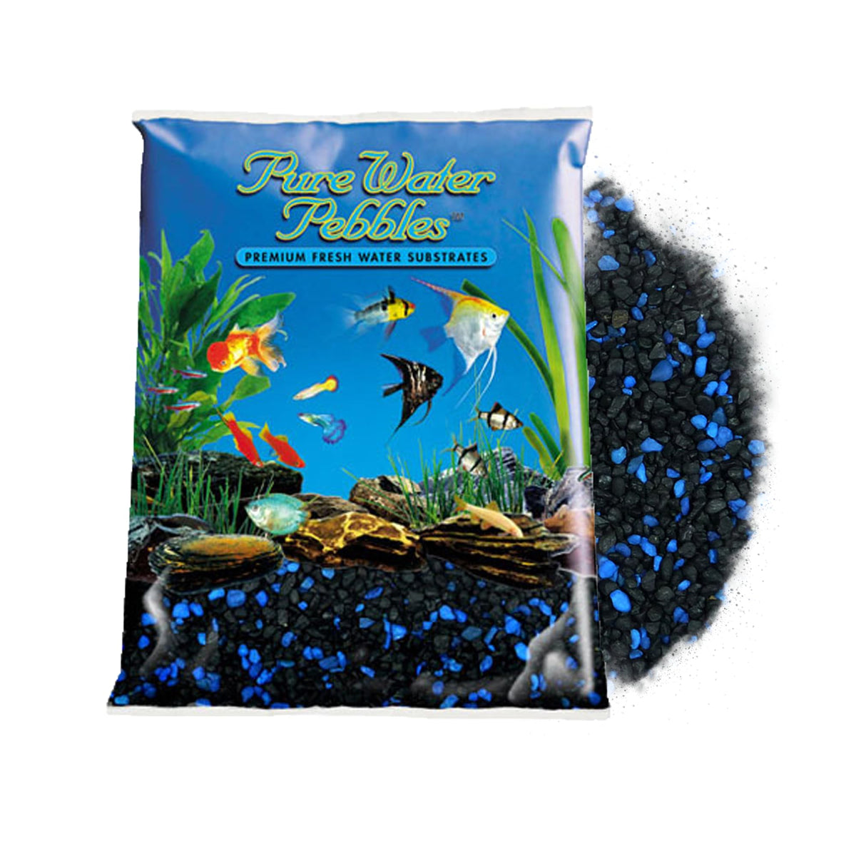 Pure Water Pebbles Midnight Glo gravel closeup—vibrant glow adds dramatic aquarium accents.