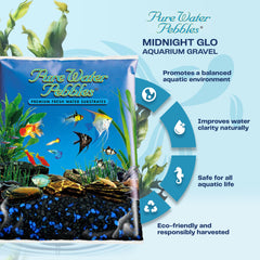 Pure Water Pebbles Midnight Glo gravel in-tank—colorfast glow for vivid underwater drama.