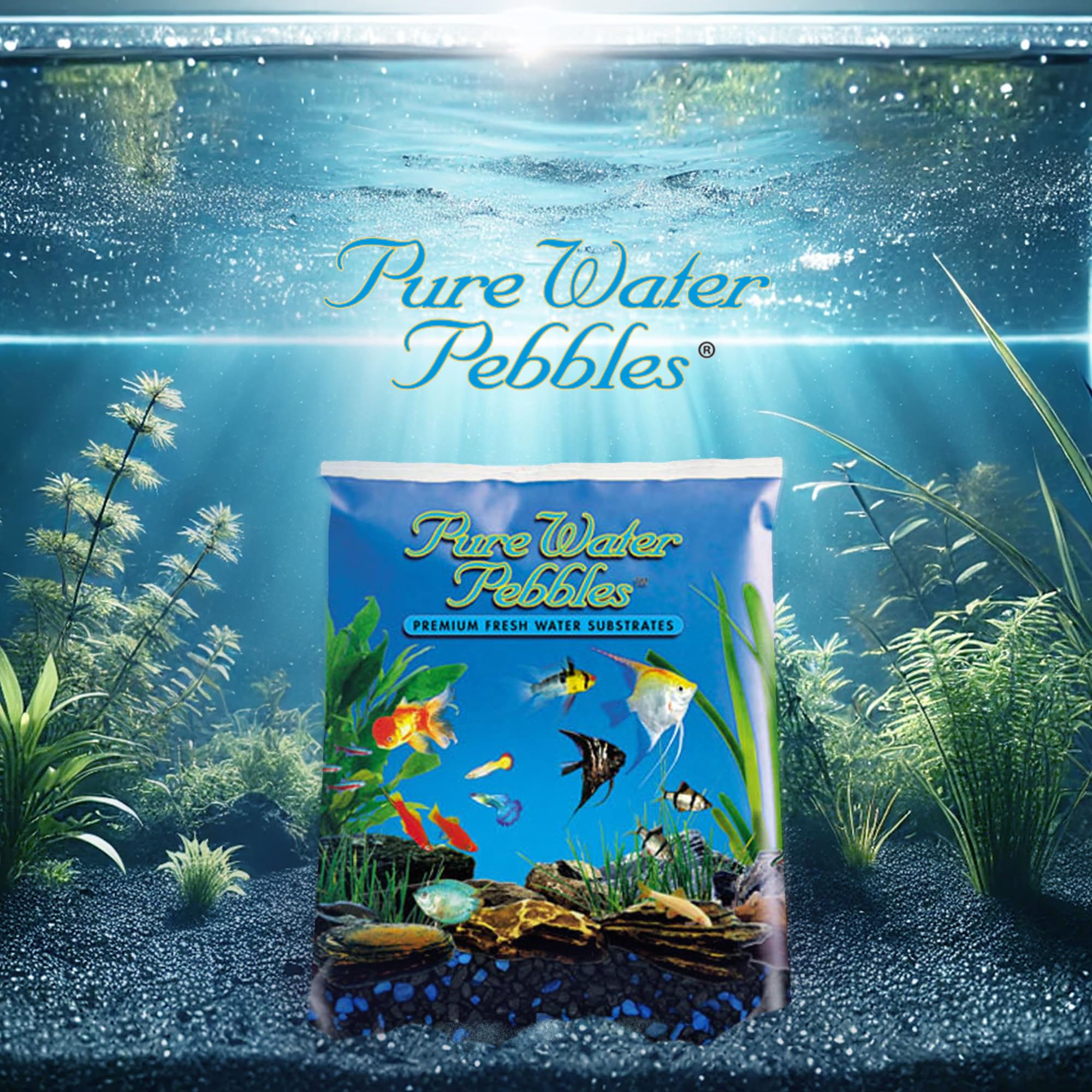 Pure Water Pebbles Midnight Glo gravel pond-edge—subtle glow enhances pond features.