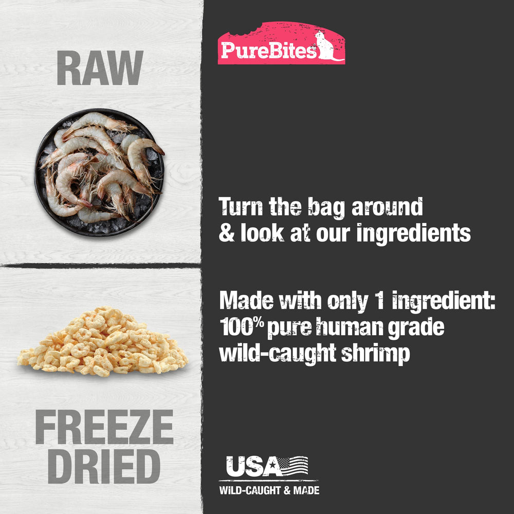 PureBites 1-ingredient shrimp snack label highlights simple, limited-ingredient cat treat.