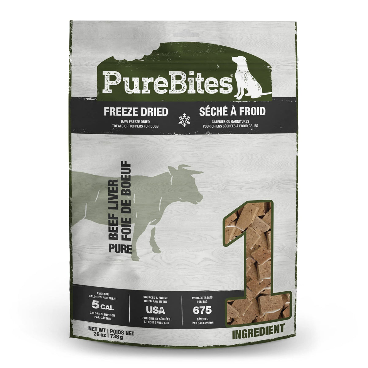 PureBites Beef Freeze Dried Treats bag packaging highlights single-ingredient nutrition for dogs