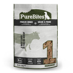 PureBites beef freeze-dried treats closeup—single-ingredient protein snack for dogs.
