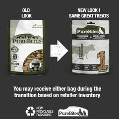 PureBites Beef Freeze Dried Treats label closeup shows USA-sourced beef liver