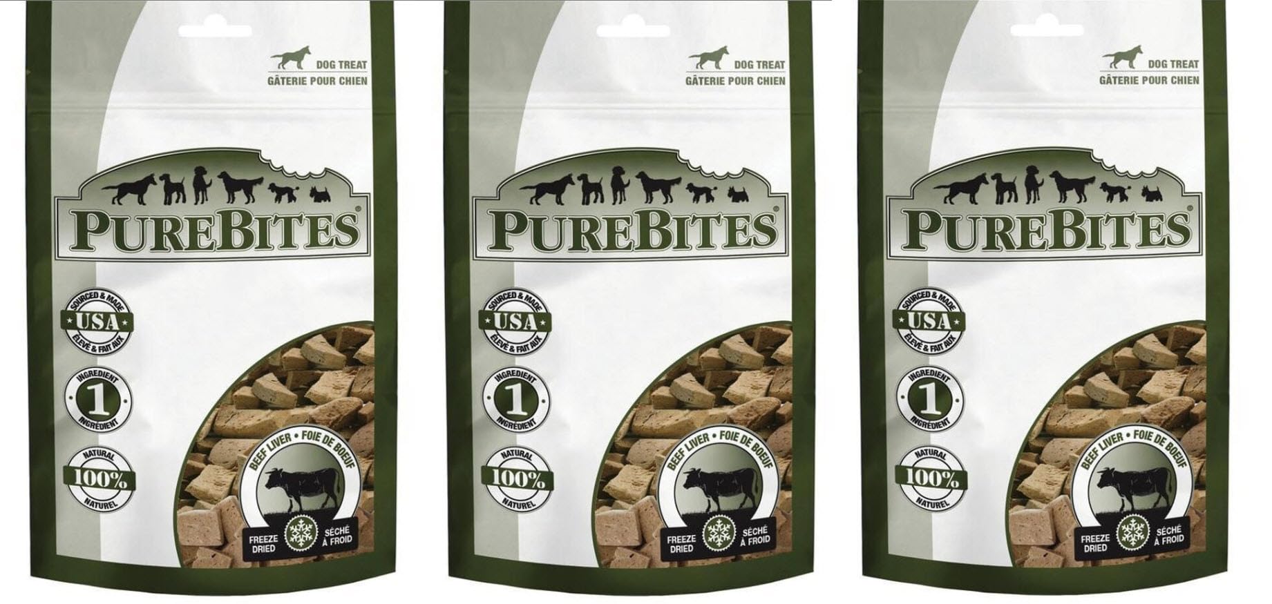 PureBites beef liver freeze-dried dog treats bag showcasing single-ingredient nutrition for all dogs.