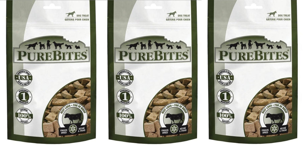 PureBites beef liver freeze-dried dog treats bag showcasing single-ingredient nutrition for all dogs.