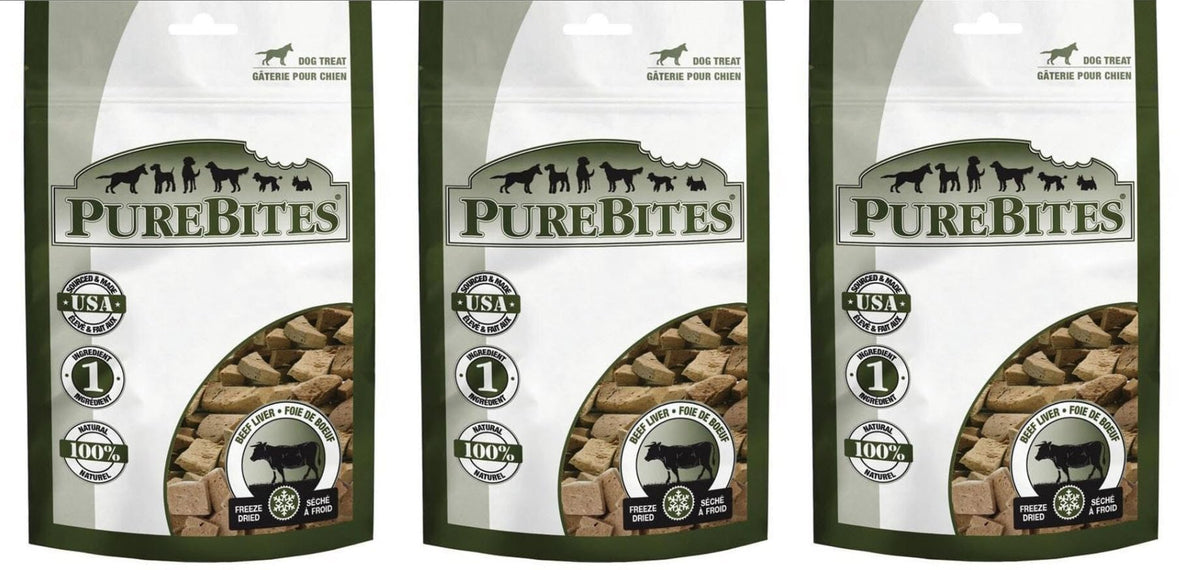 PureBites beef liver freeze-dried dog treats bag showcasing single-ingredient nutrition for all dogs.