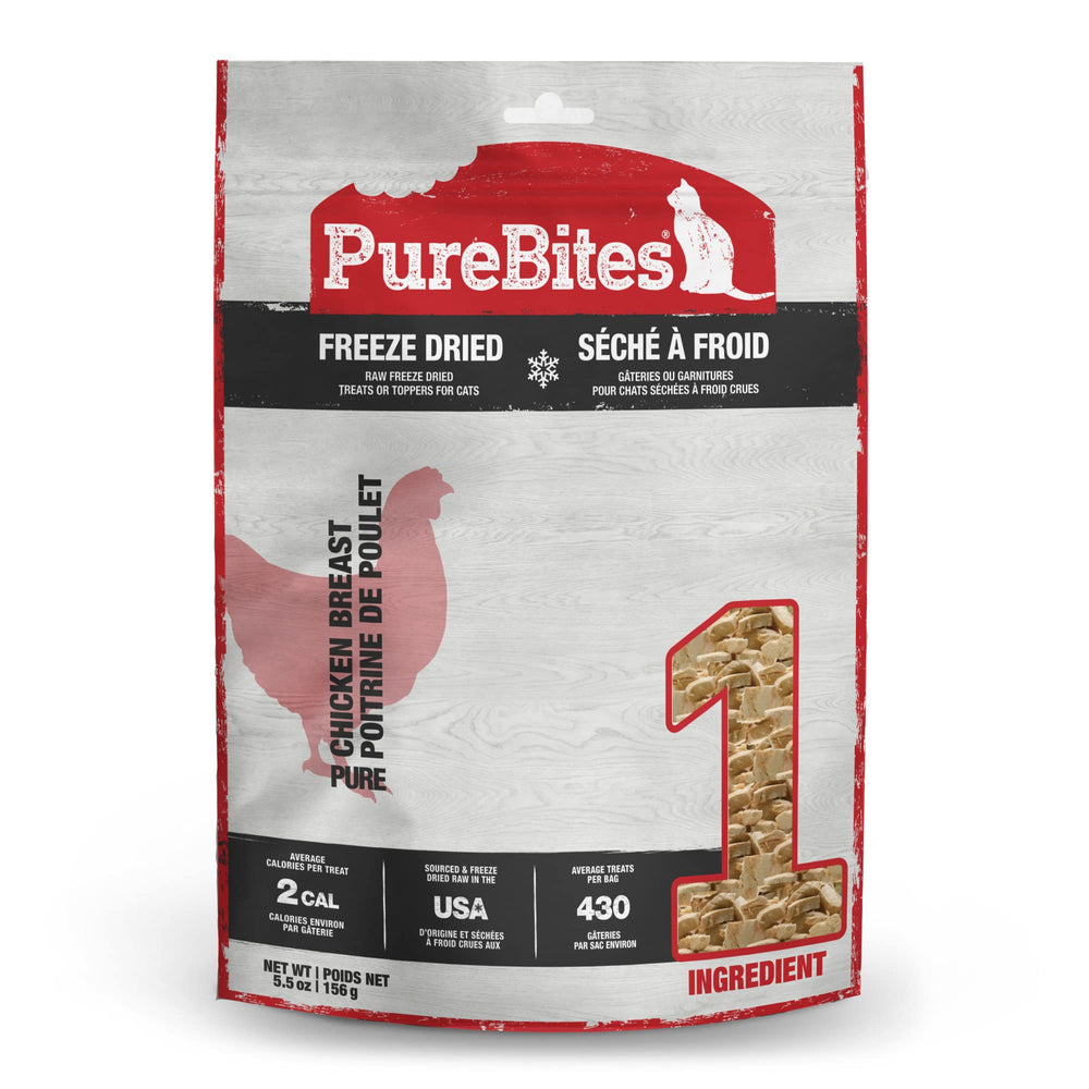 PureBites chicken freeze-dried bag 5.5oz highlights a protein-rich, single-ingredient cat treat.