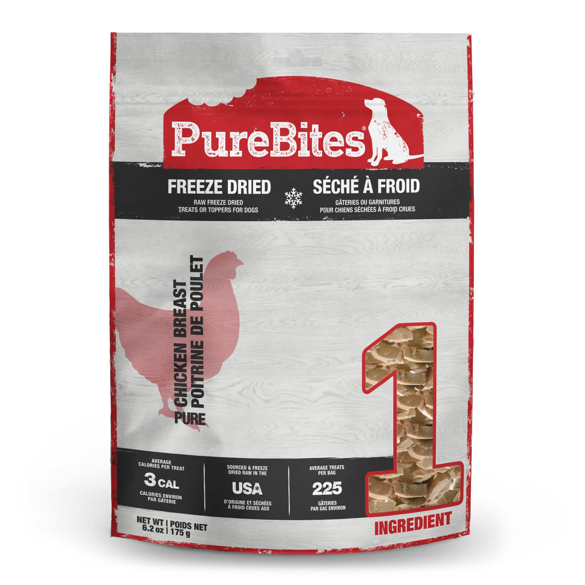 PureBites chicken freeze-dried dog treats bag open offering convenient training rewards with single-ingredient protein.