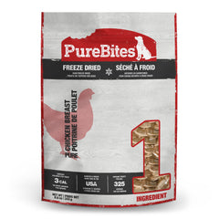 PureBites chicken freeze-dried unopened bag shows single-ingredient protein for dogs.