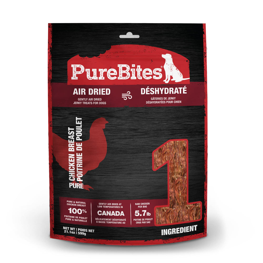 PureBites Chicken Jerky bag close-up highlighting single-ingredient protein for dogs.