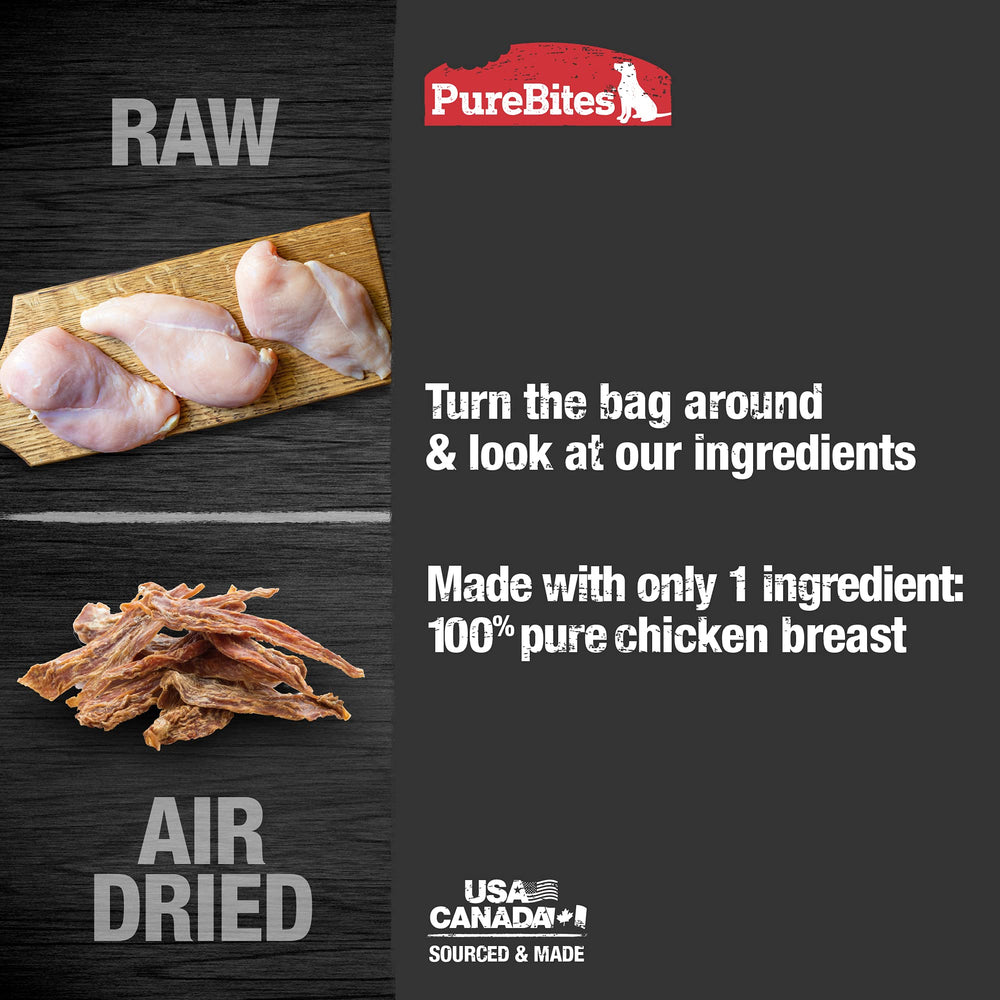 PureBites Chicken Jerky label shows calories per treat for portion control.